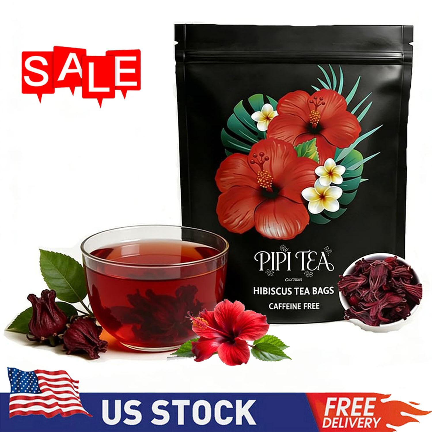 3PACK PiPi Tea Organic Hibiscus Tea Bags – Caffeine Free Herbal Tea Rich