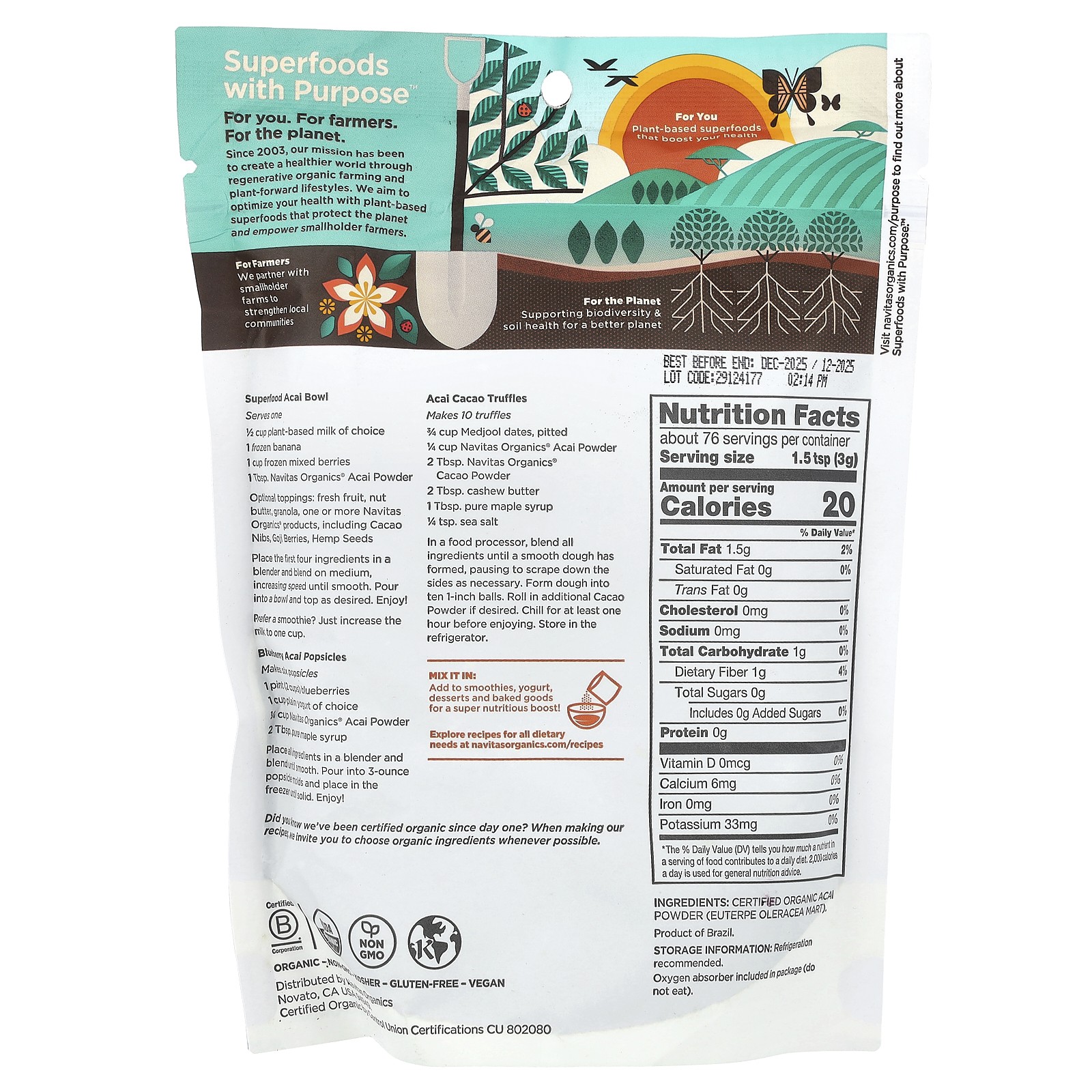 Navitas Organics Organic Acai Powder 8 oz 227 g B Corp, BPA-Free , Gluten-Free,