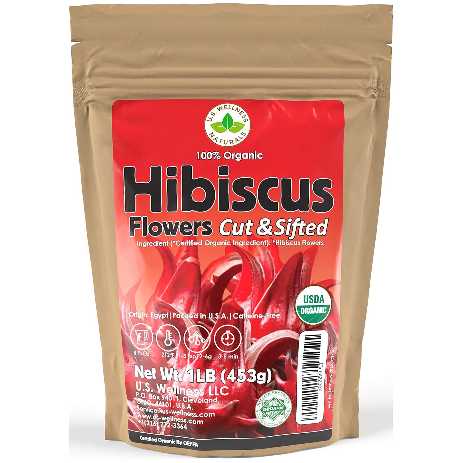 Hibiscus Tea 1LB (16Oz) 100% CERTIFIED Organic Hibiscus Flowers Herbal Tea (CUT&