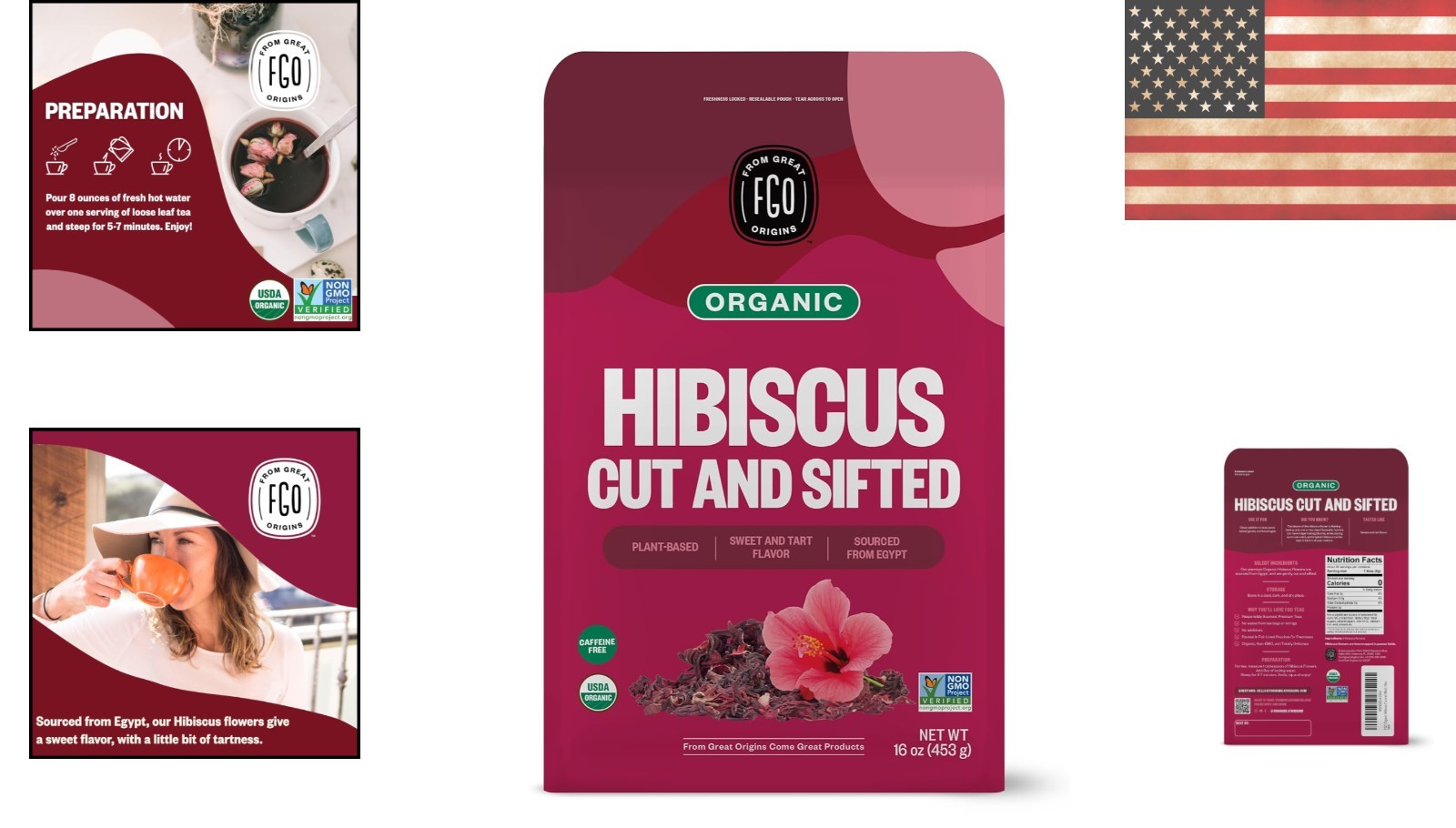 Organic Cut and Sifted Hibiscus Flowers 16oz – USDA Certified, Resealable Bag