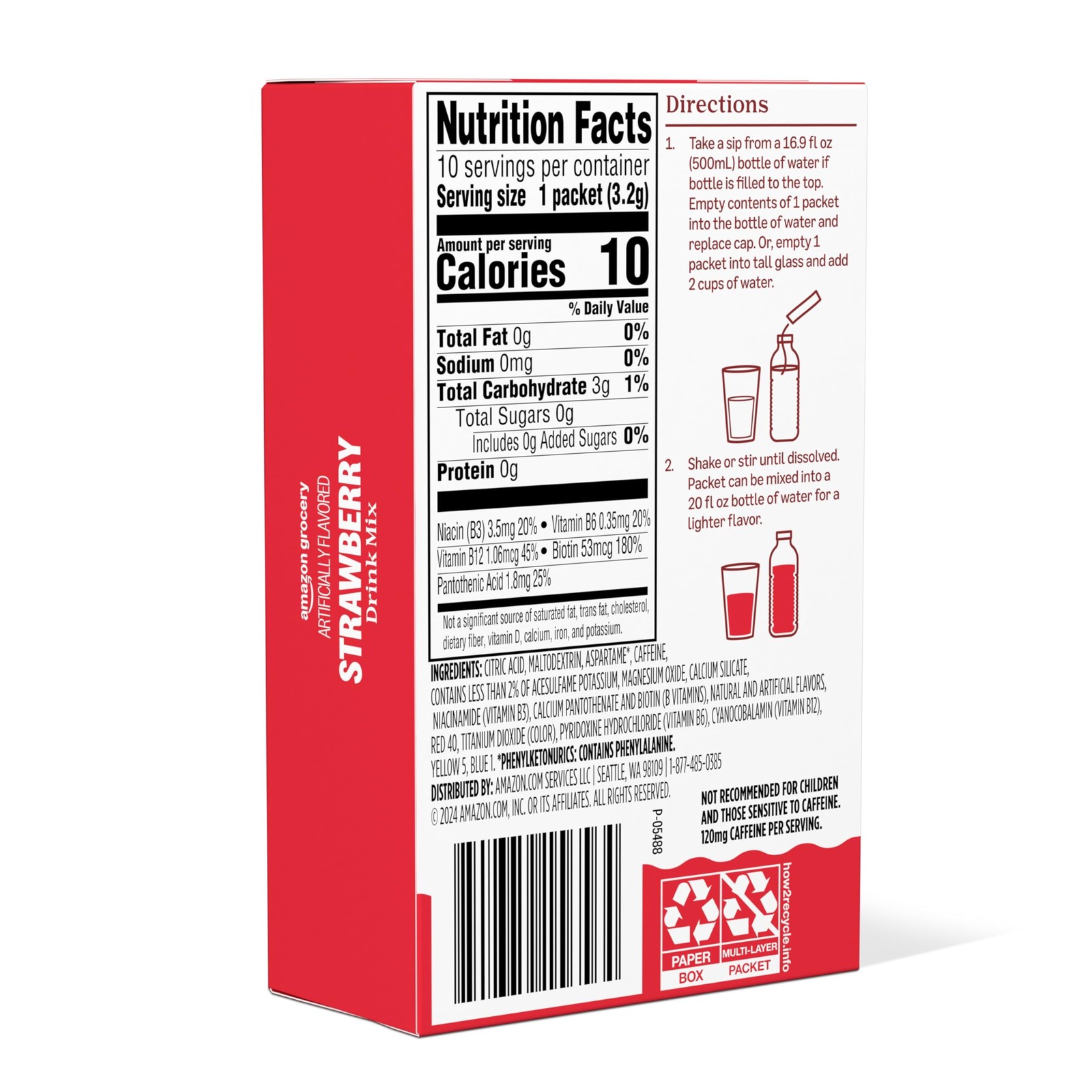 Amazon Grocery, Strawberry Drink Mix with Caffeine, 10 1.1 Ounce (Pack of 1)