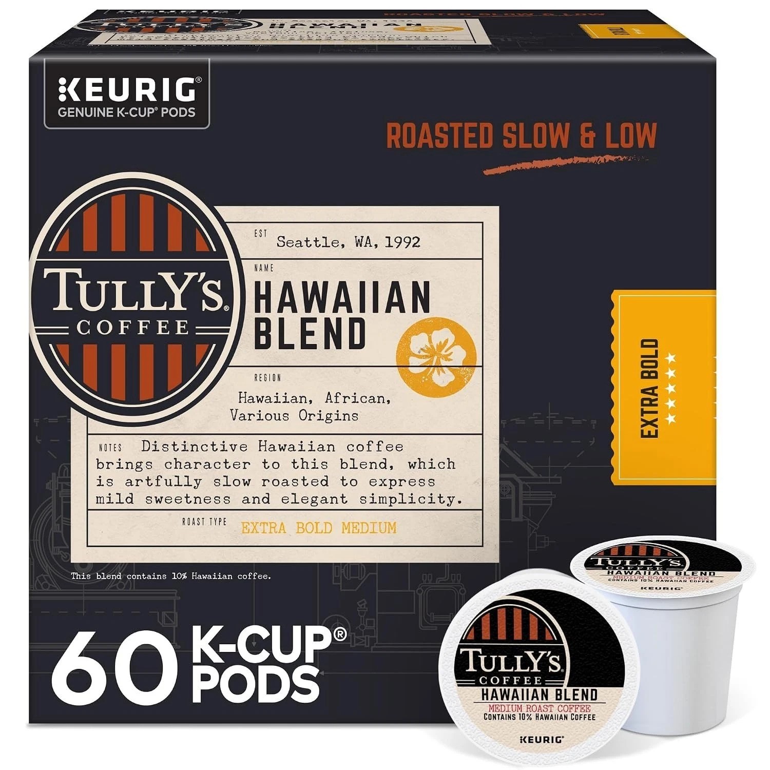 Tully’s Hawaiian Blend Coffee Pods – Medium Roast, Caffeinated K-Cups (60 Count)