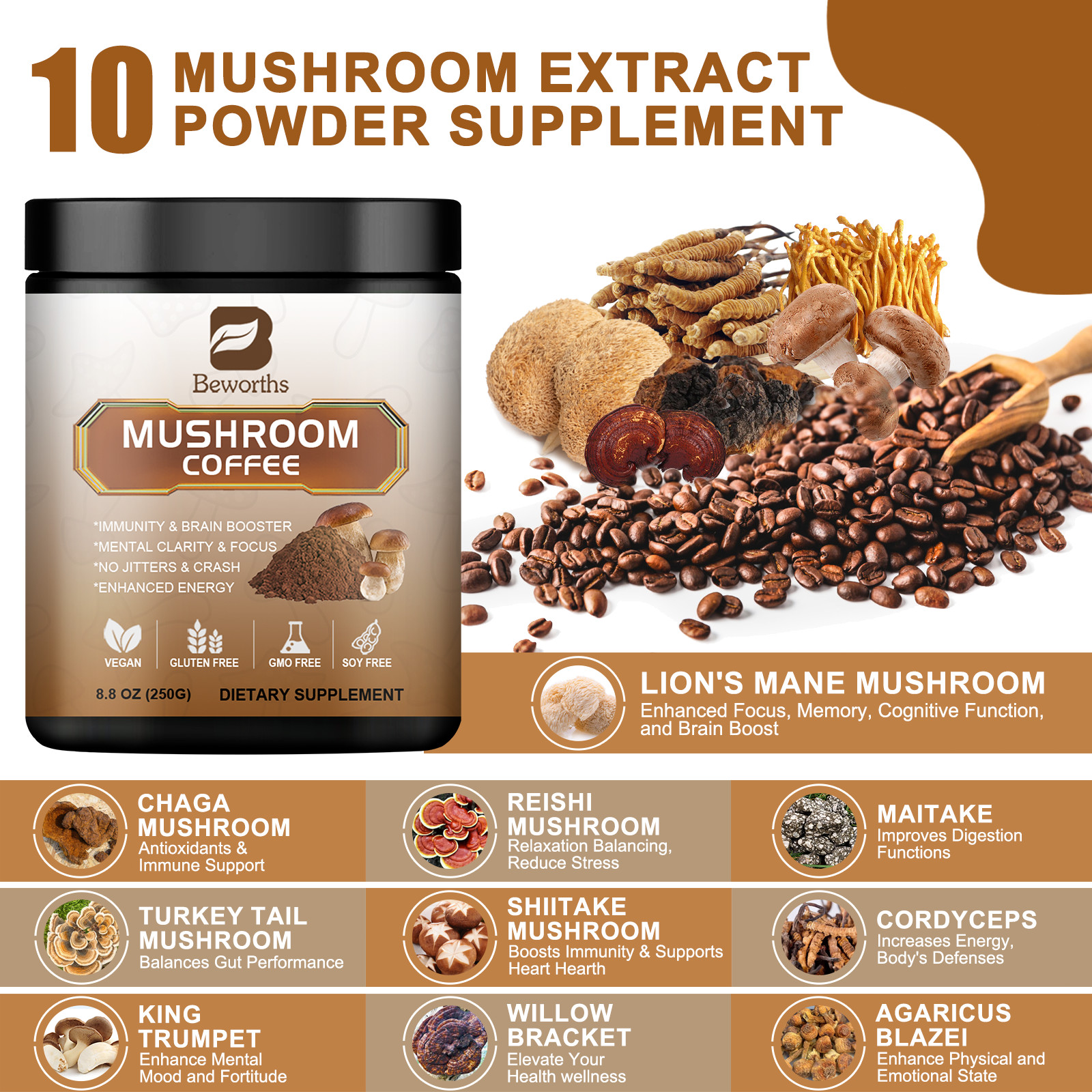 10 in 1 Mushroom Coffee Organic Lions Mane Reishi Chaga Immunity & Brain Booster