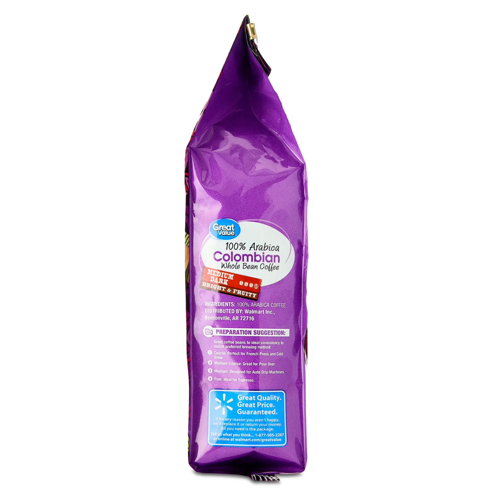 Great Value Colombian Whole Bean Coffee, Medium-Dark Roast, 10 oz.