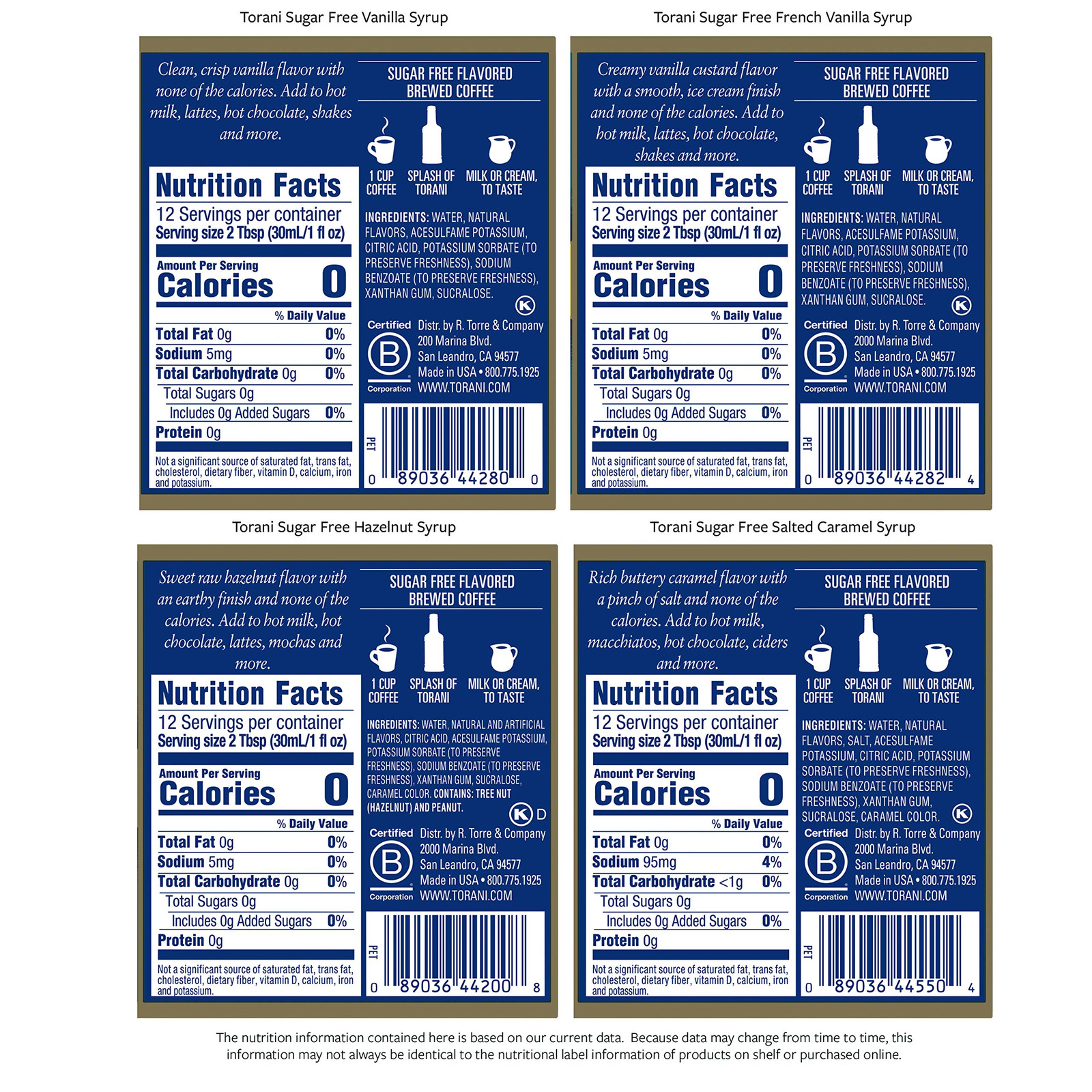 Torani Sugar Free Syrup Coffeehouse Variety Pack 12.7 Ounce Pack of 4