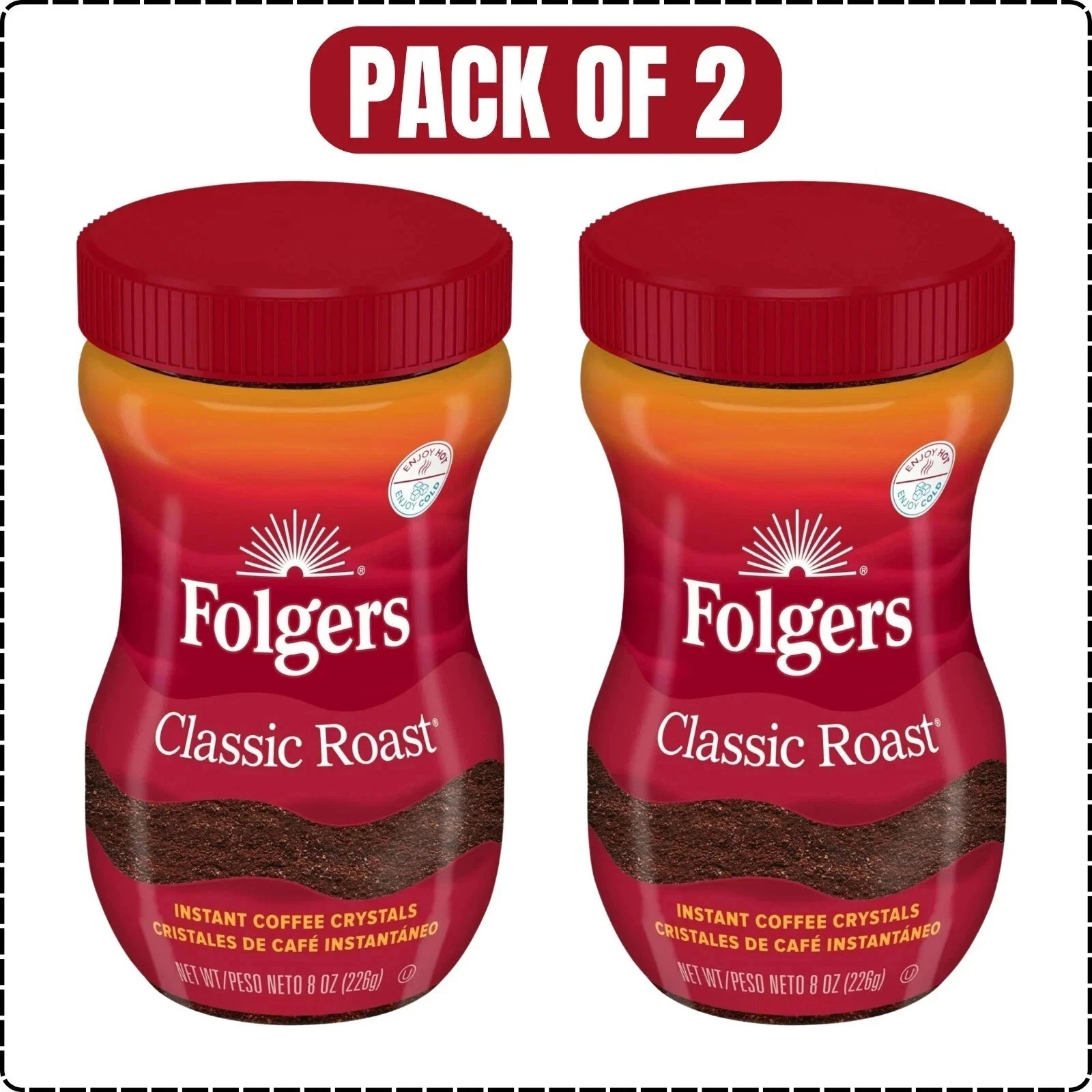 Folgers 2 Pack Classic Roast Instant Coffee (2) 8-Ounce Jars 100% Pure Coffee