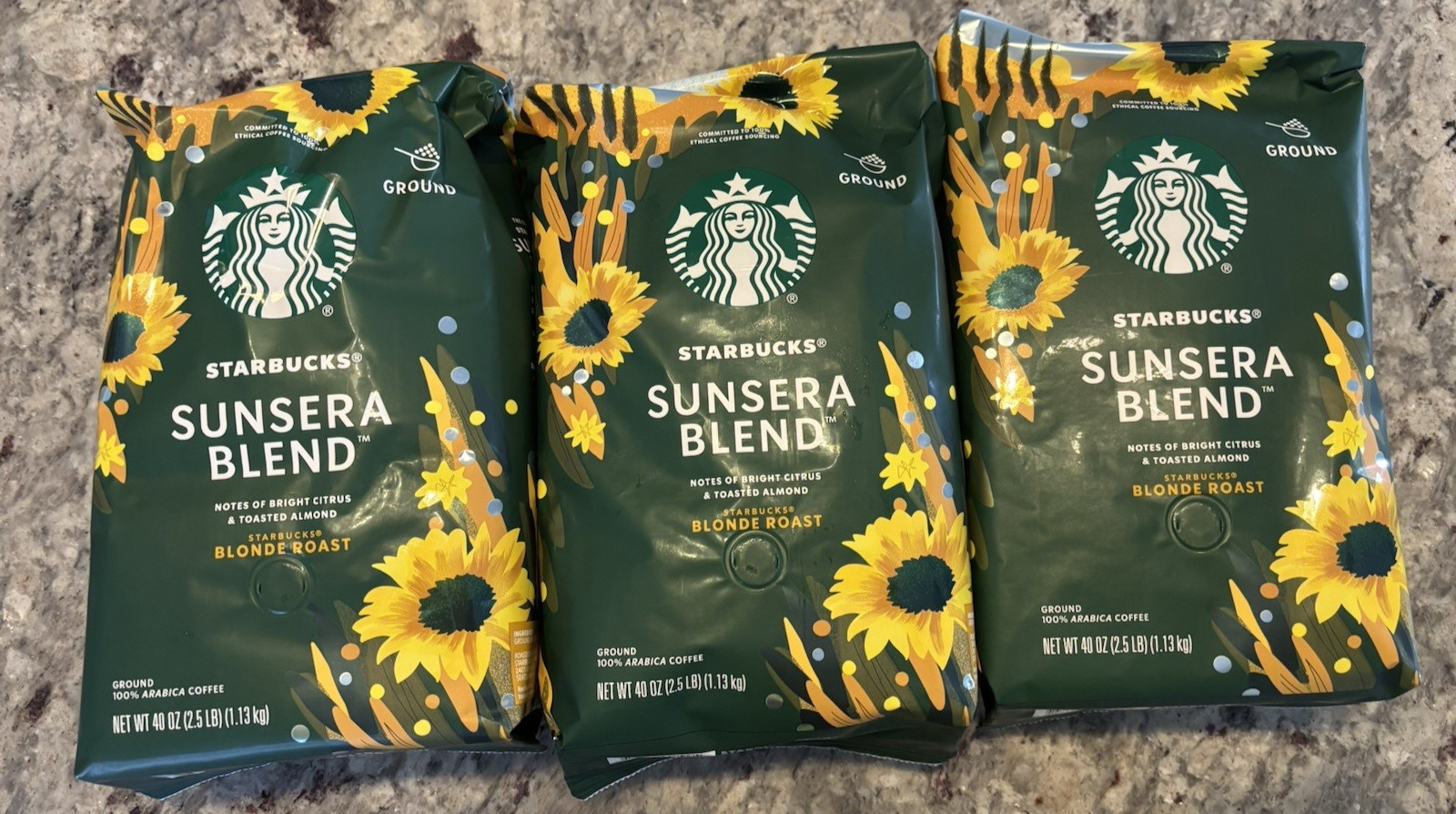 7.5 LB Starbucks Sunsera Blend Ground Coffee 3 Bag Light Roast Blonde Bulk lot