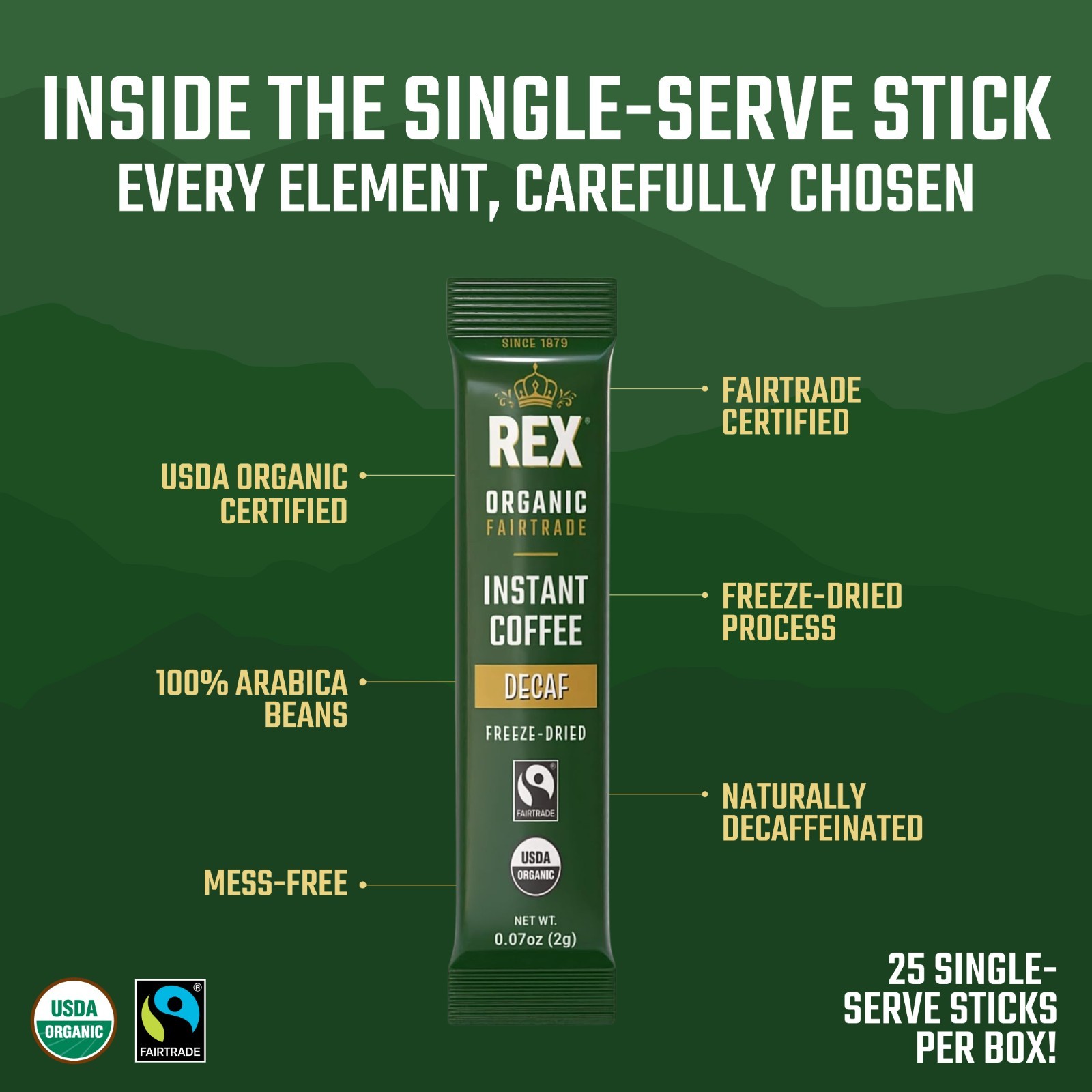 Rex Coffee Organic Fairtrade Natural Decaf Freeze-Dried Instant Sticks 25 Count
