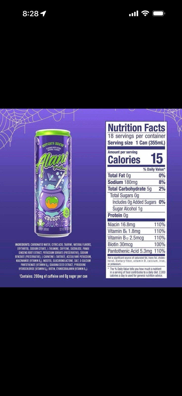 Alani Witch’s Brew Energy Drink 18-Pack 12 fl oz (355 mL) 200mg, Sugar Free