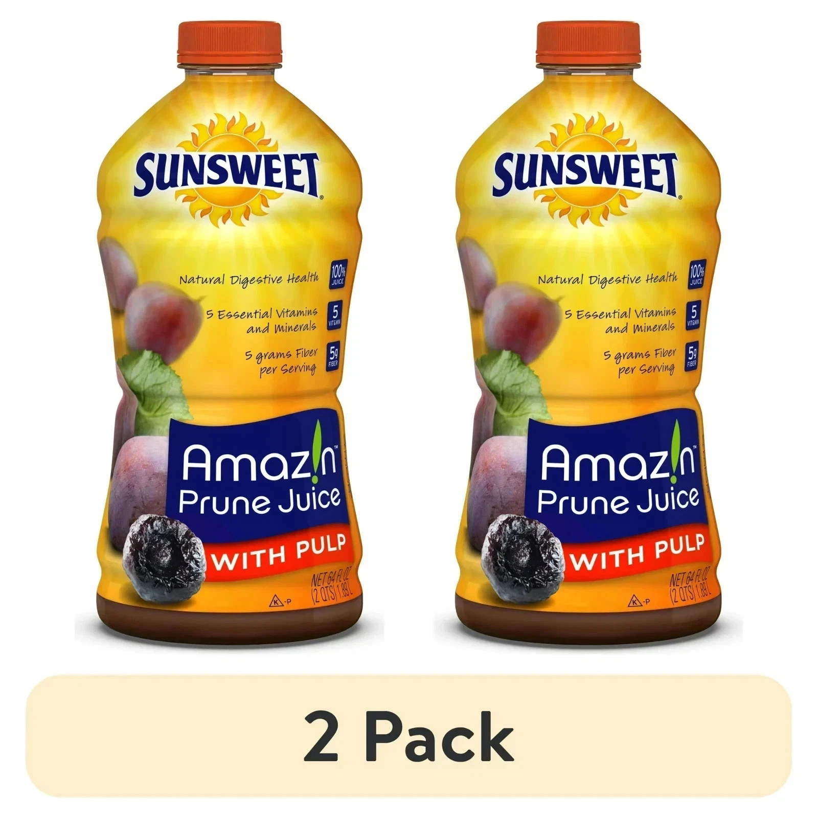 (2 pack) New Sunsweet Amazin Prune Juice with Pulp, 64 Fl Oz Fruit Juice