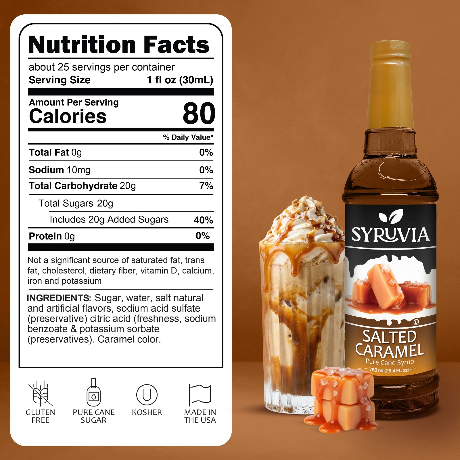 Syruvia Salted Caramel Coffee Syrup 25.4 fl oz, Kosher, Gluten-Free, for Lattes