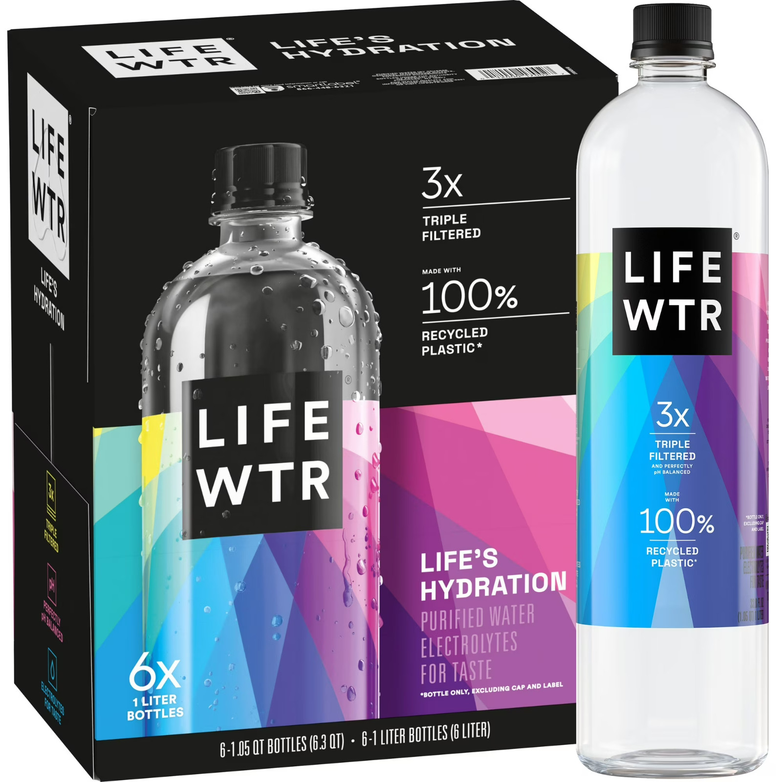 LIFEWTR Purified Drinking Water, 1 Liter, 6 Pack Plastic Bottles. FREE SHIPPING