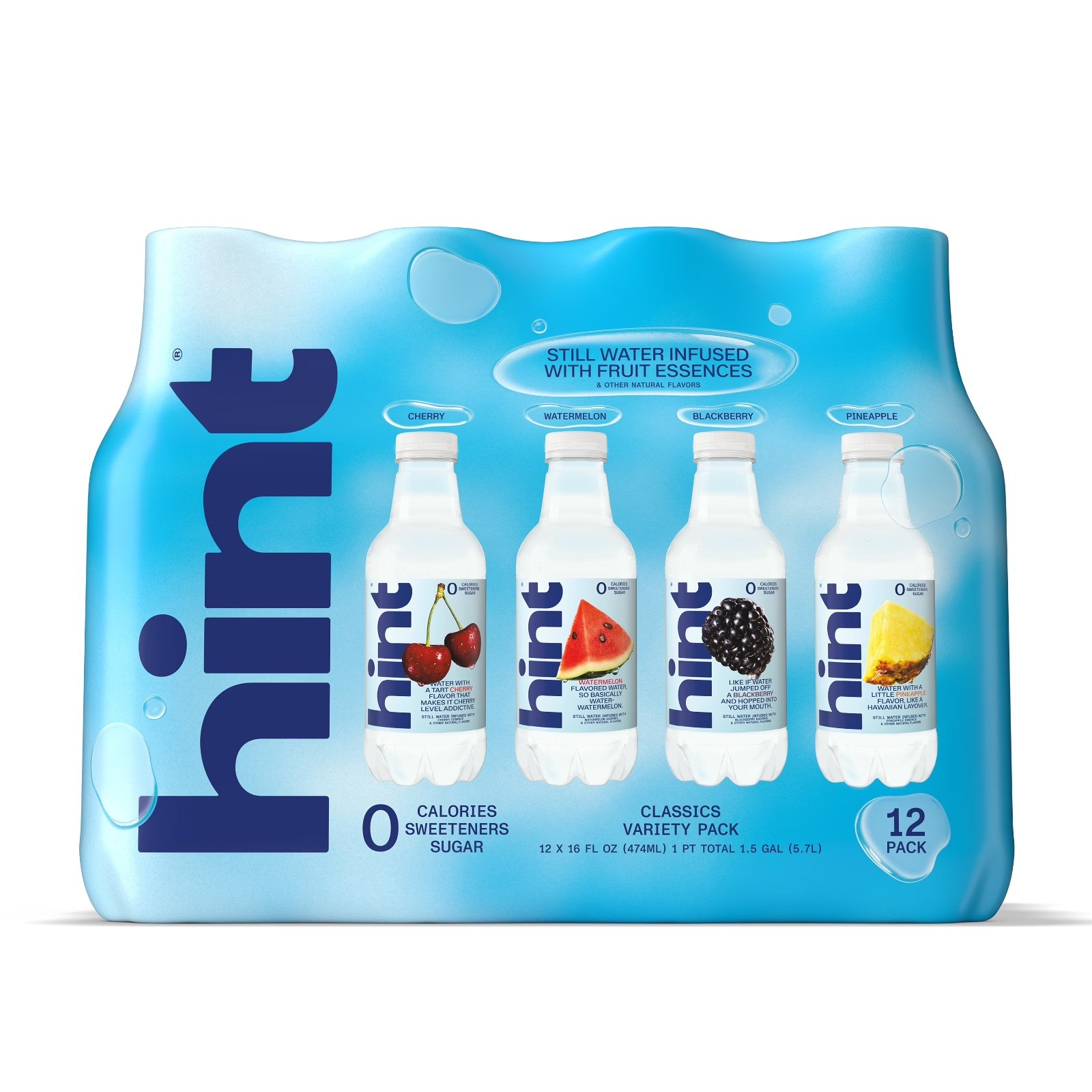 Hint Blue 4 Flavor Variety Pack Flavored Water, 16 fl oz, 12 Pack Plastic Bottle