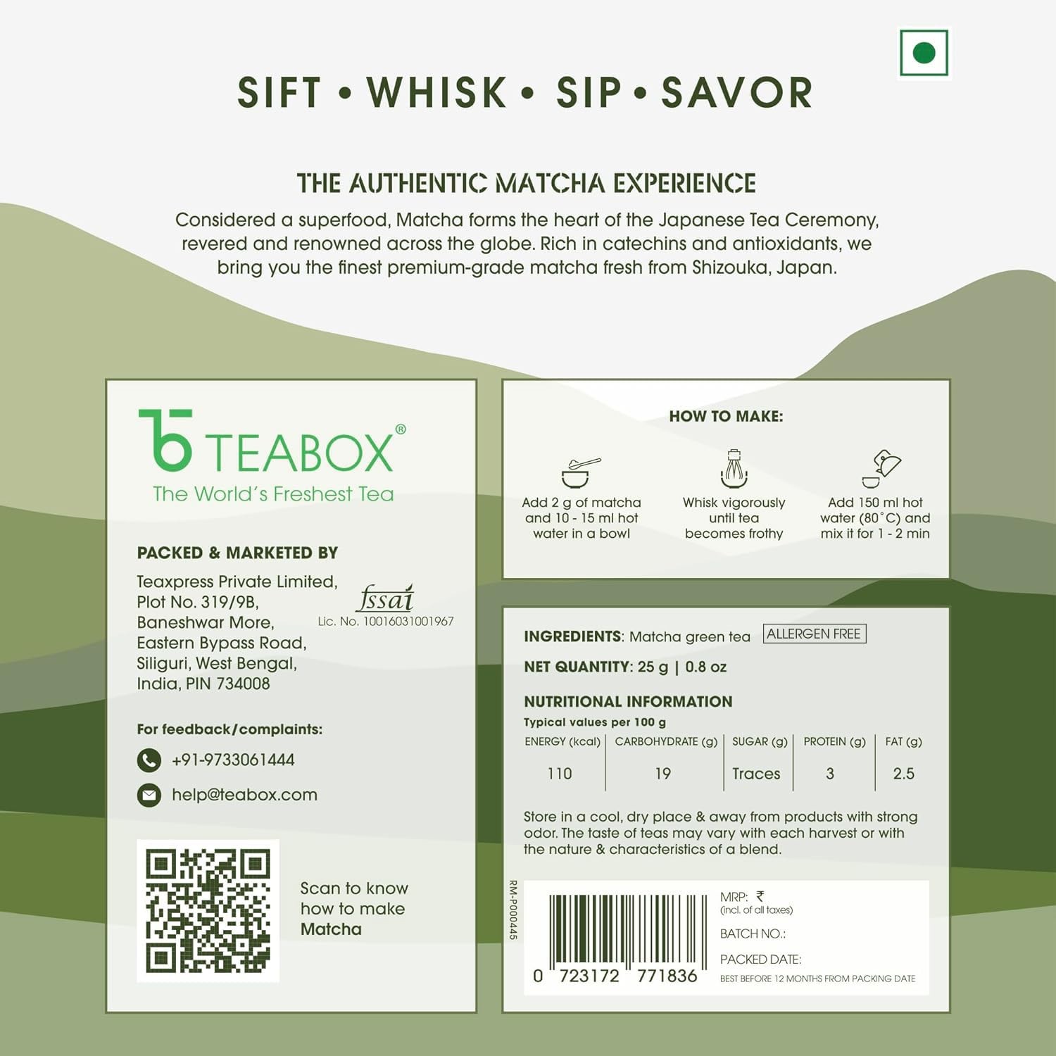 Teabox Matcha Green Tea Powder | 100% 25 Grams (Pack of 1), 25