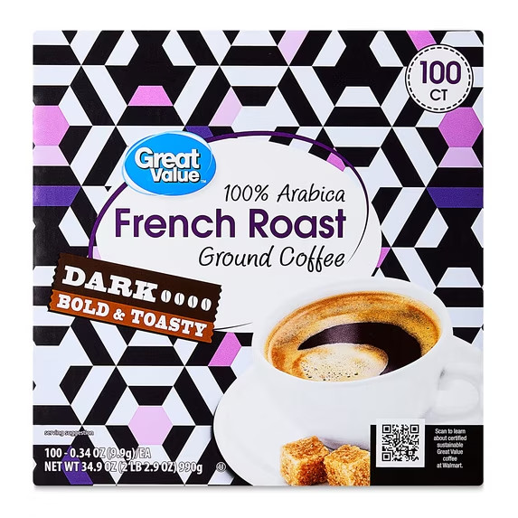 Great Value 100% Arabica French Dark Roast Ground Coffee Pods, 34.9 oz,100 Count