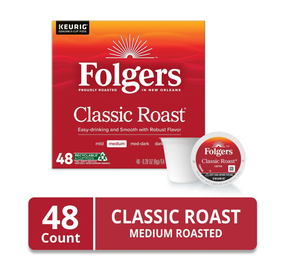 Folgers Classic Roast, Medium Roast Coffee, Keurig K Cup Pods, 48 Count Box