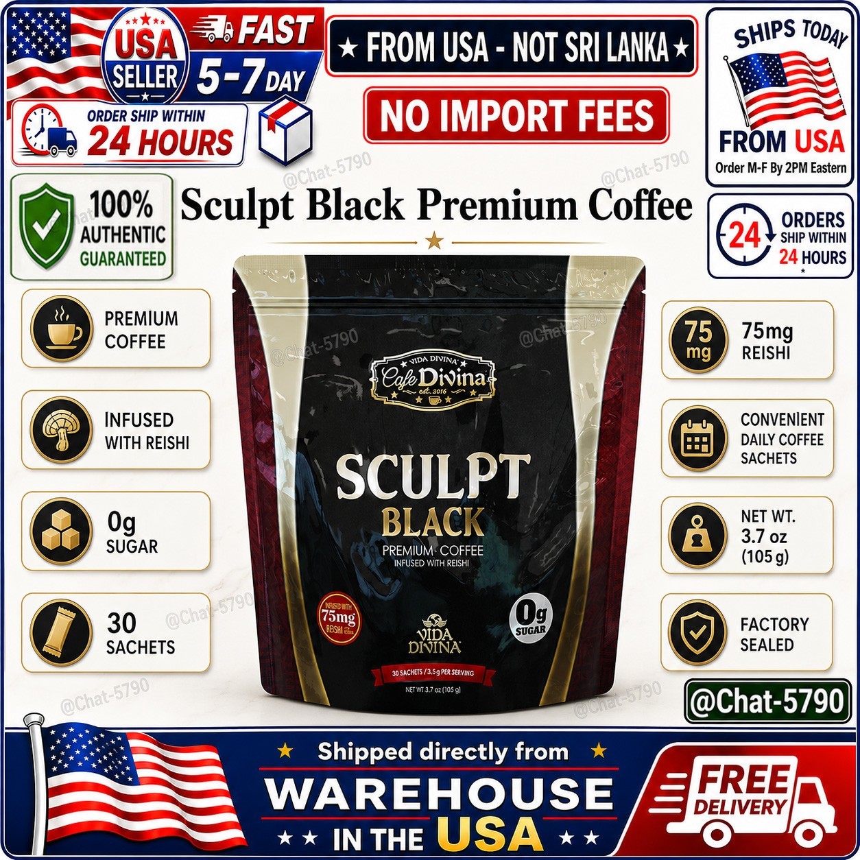 Cafe DlVlNA Sculpt Black Reishi Garcinia Coffee 30 Sachets New Sealed🚚FromUSA🚚
