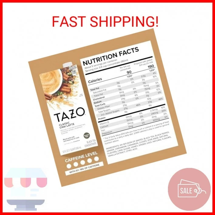 TAZO Classic Chai Latte, Black Tea Concentrate, Easy-to-Serve Caffeinated Chai T