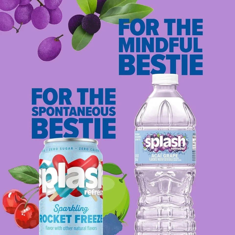 Splash Refresher Acai Grape Flavored Water, 16.9 Fl Oz, Plastic Bottle Pack of 6