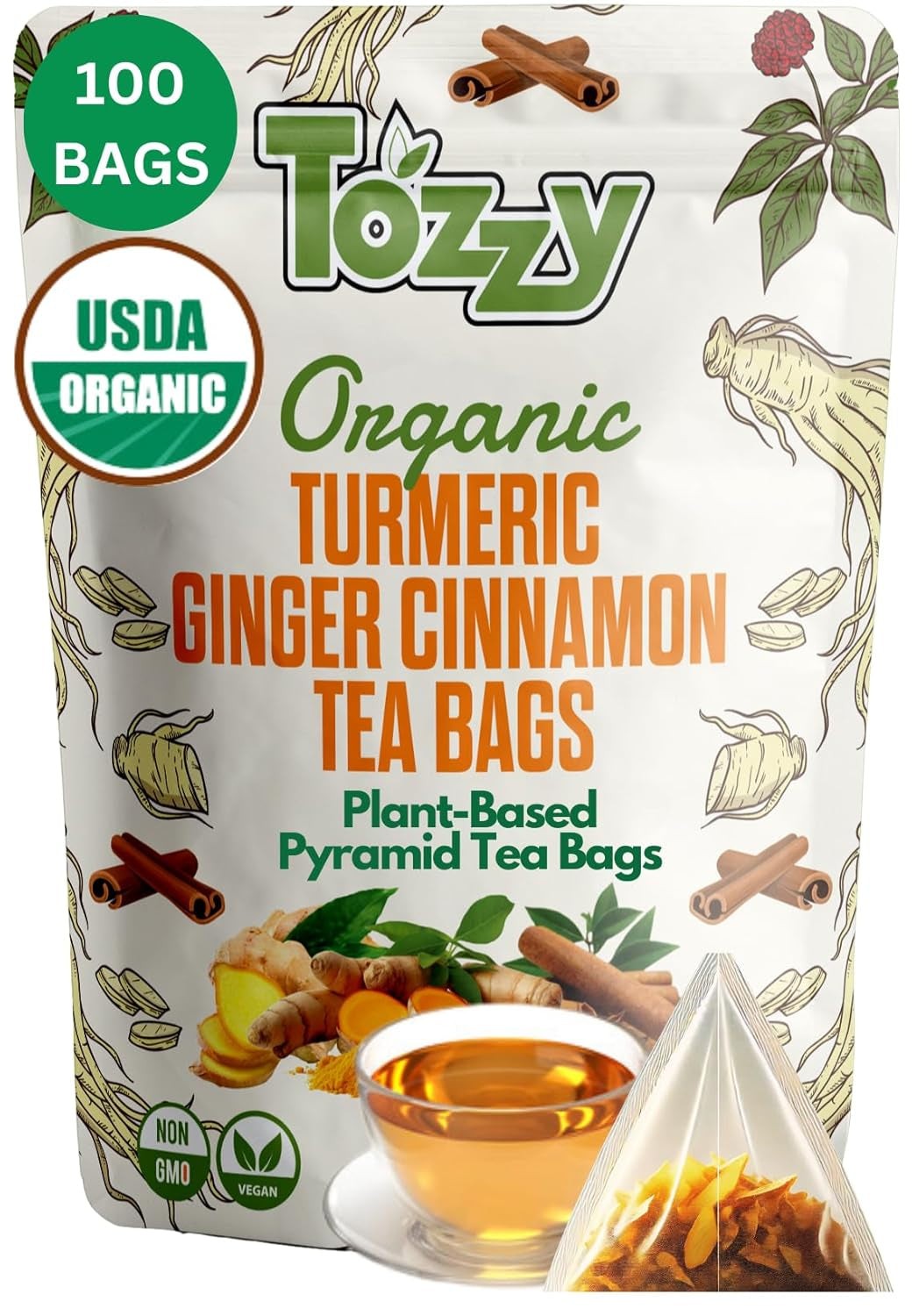 Organic Turmeric, Ginger & Cinnamon – 100 Tea Bags | Plant-Based Pyramid Tea Bag