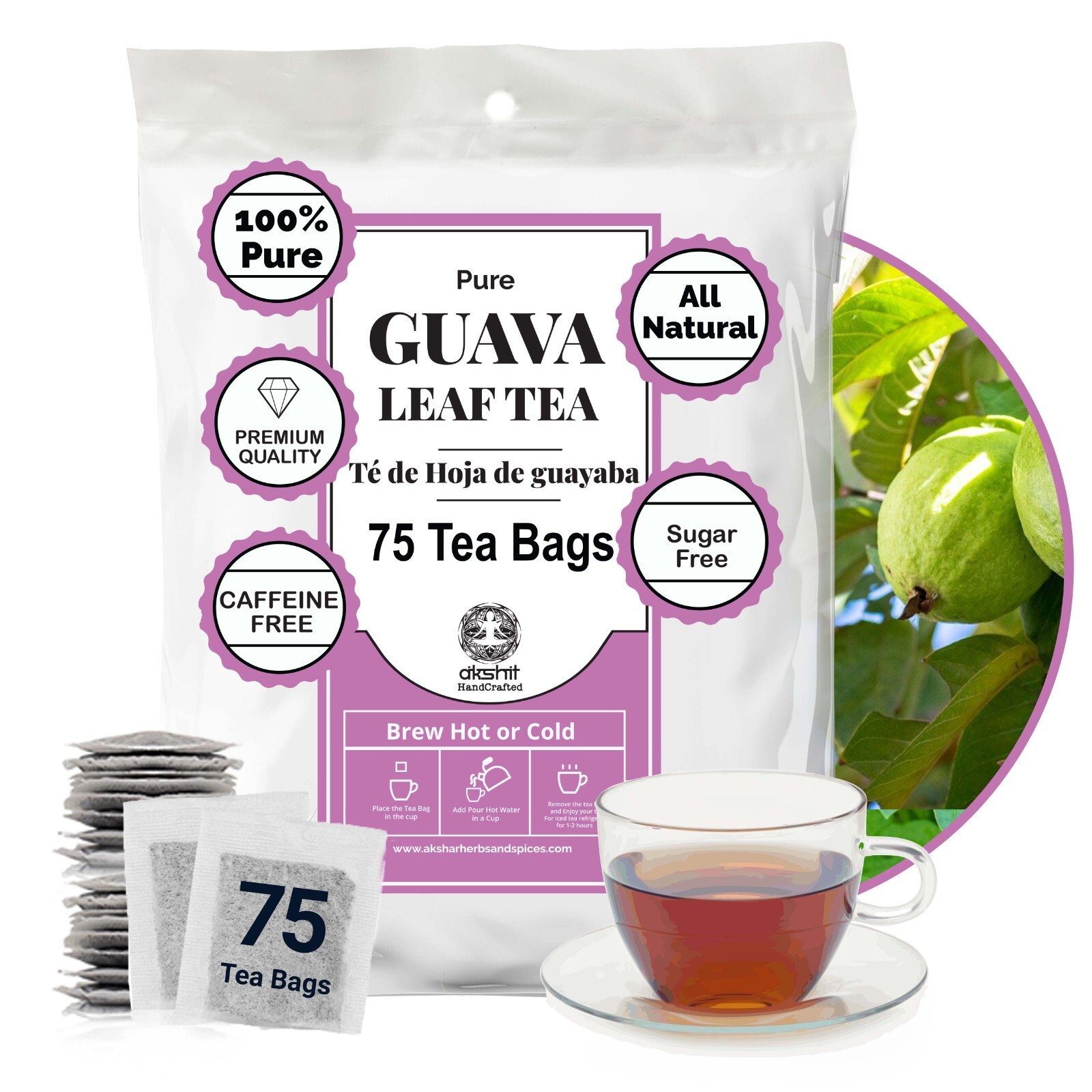 75 Organic Guava Leaf Tea Bags, 100% Pure Guava Tea, DiabeticTea