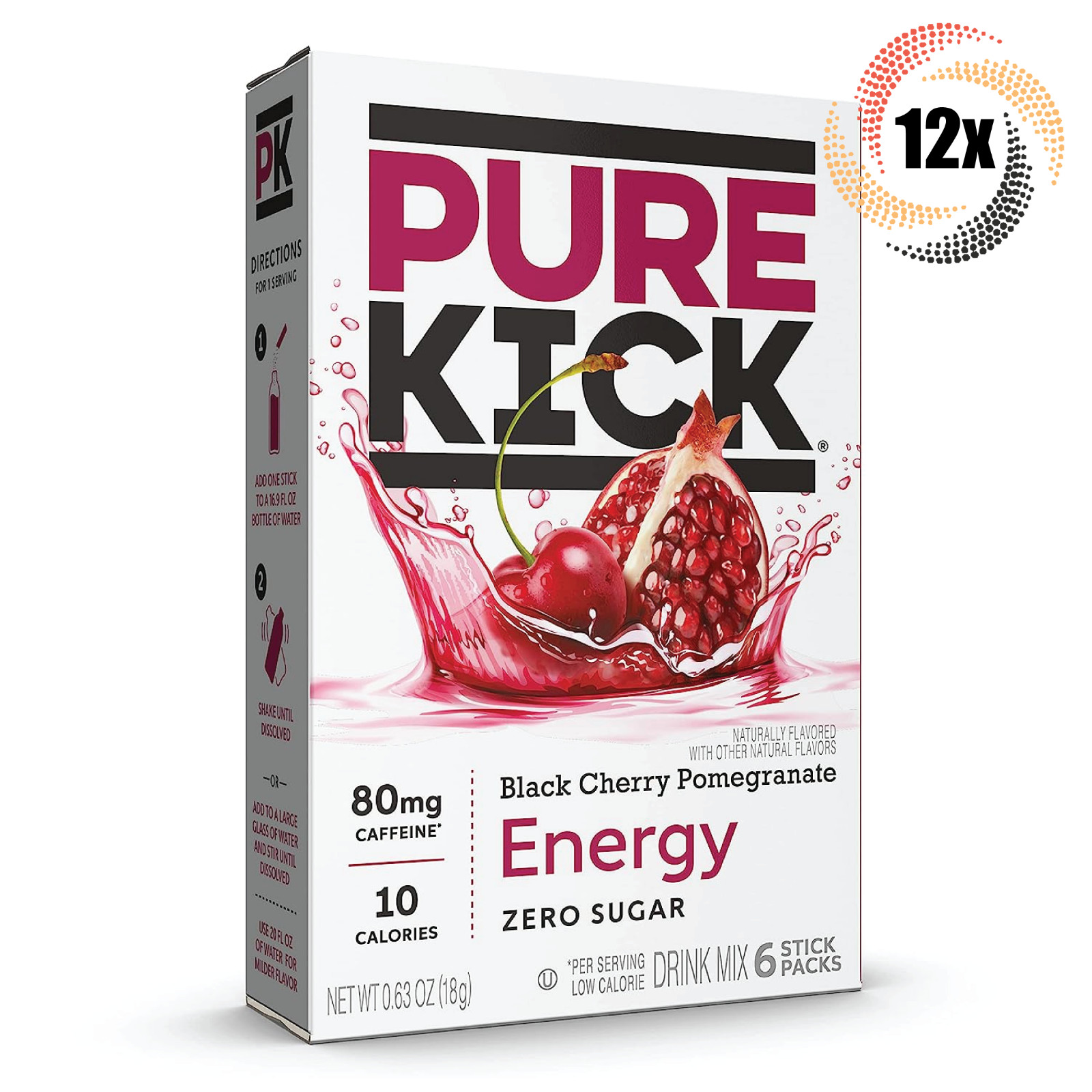 12x Packs Pure Kick Black Cherry Pomegranate Drink Mix | 6 Singles Each | .63oz