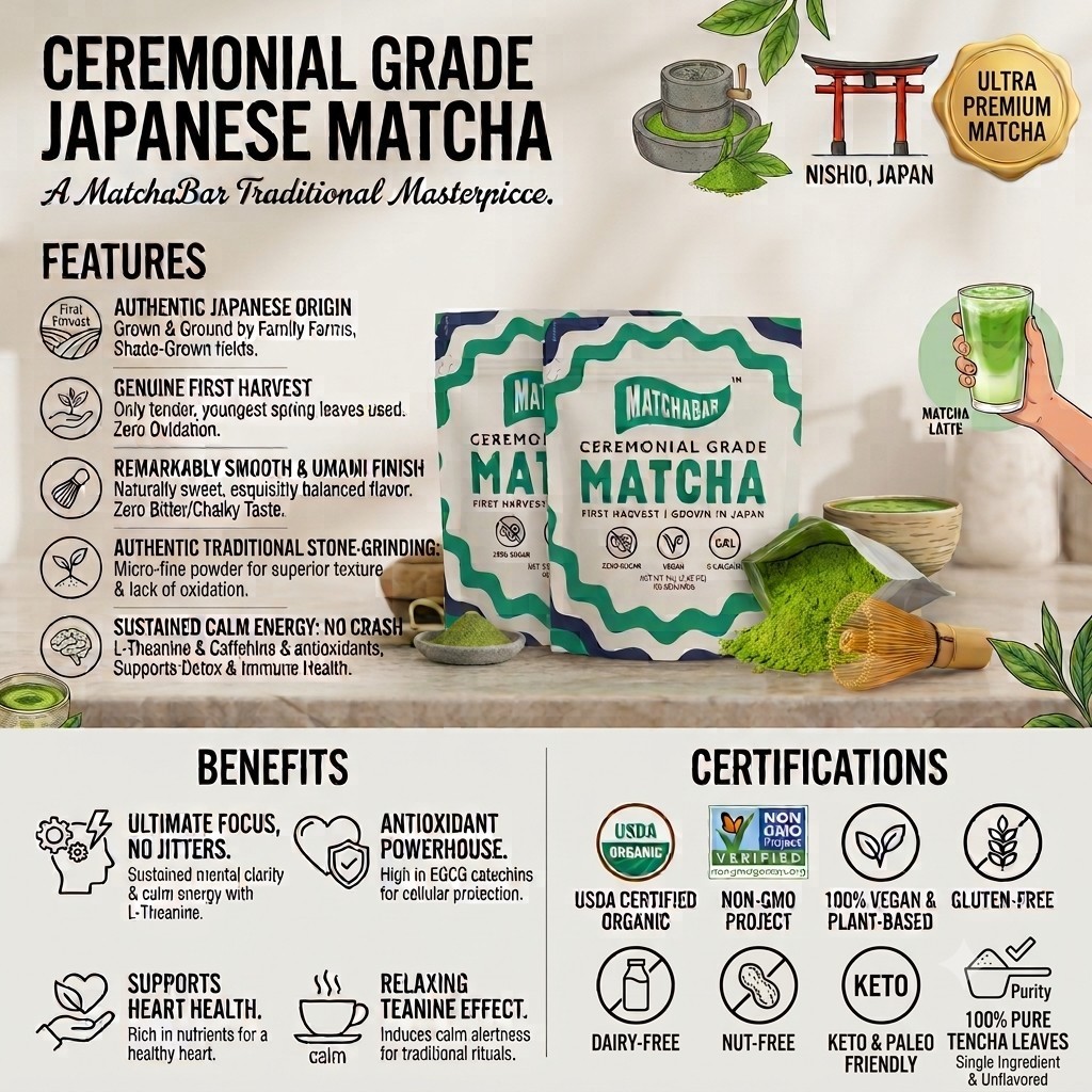 6 Pack MatchaBar Organic Ceremonial Grade Japanese Matcha Green Tea Powder 480g