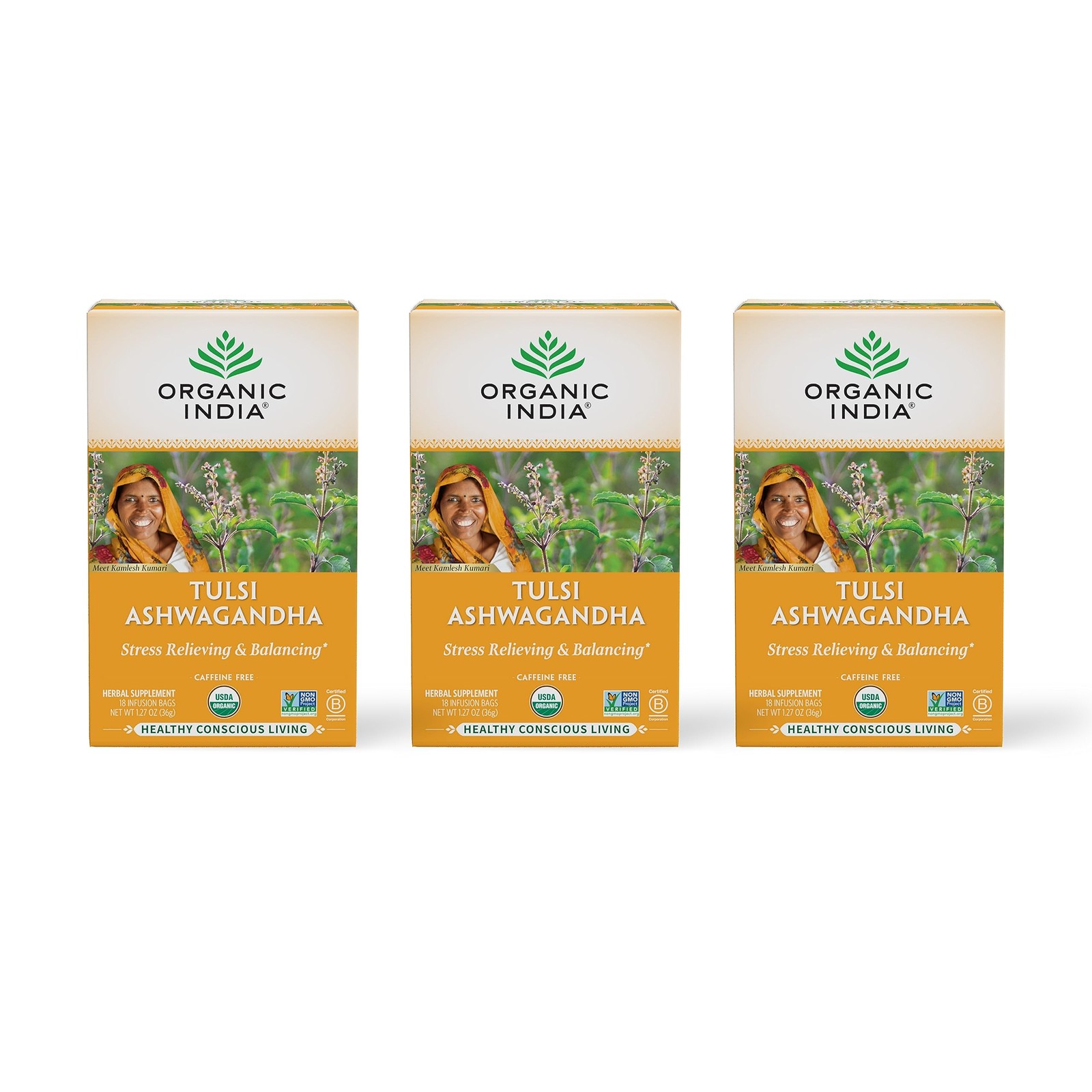 ORGANIC INDIA Calming Tulsi Ashwagandha Herbal 18 Count (Pack of 3), Natural