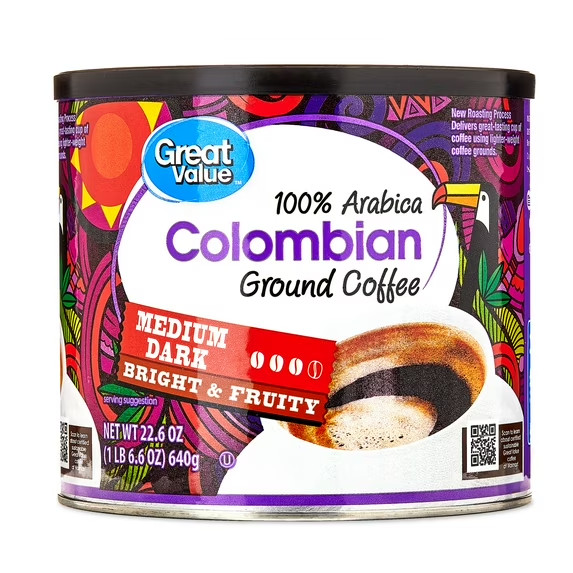 Great Value Colombian Medium Dark Roast Naturally Caffeinated Ground Coffee,22oz