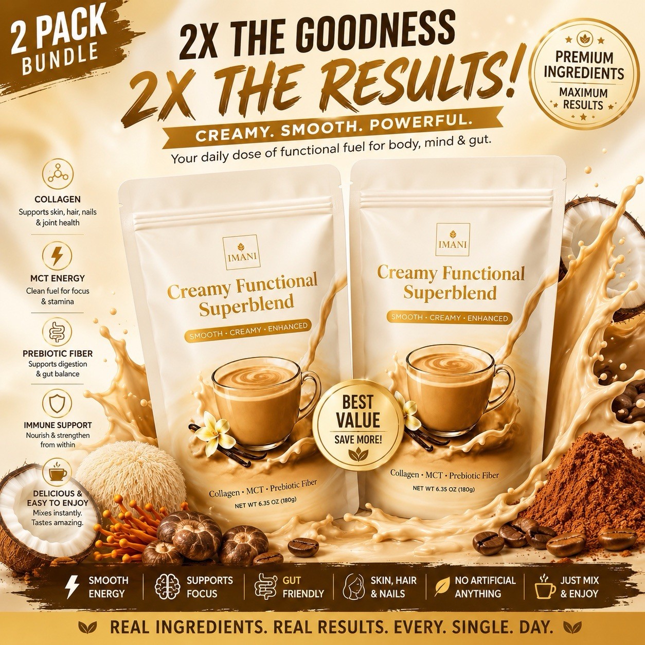 4-PACK Superfood Creamer Mushroom & Probiotics Vanilla Collagen Focus/energy/gut