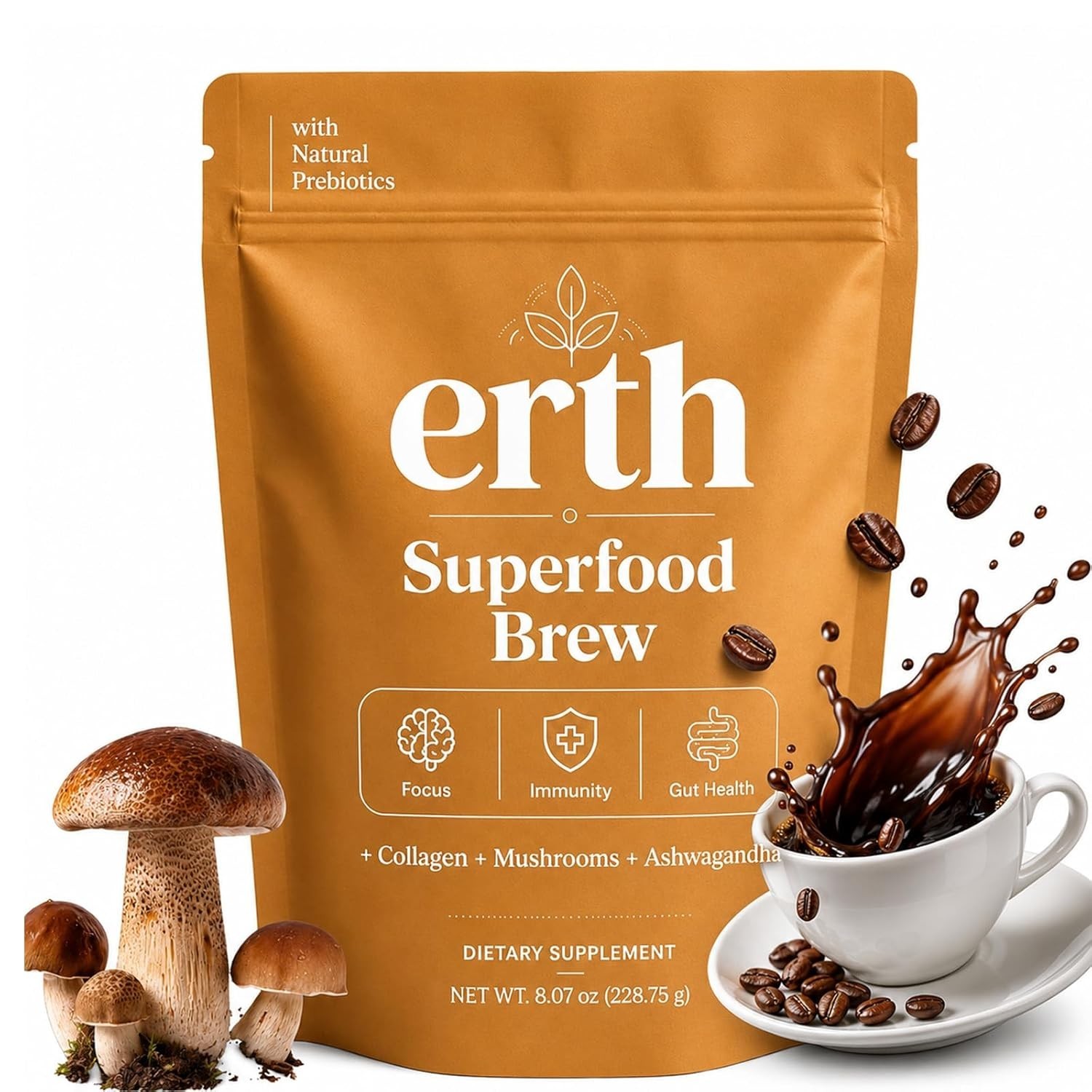 Earth Superfood Brew Coffee, With Collagen Mushroom Ashwagandha Support Focus, G