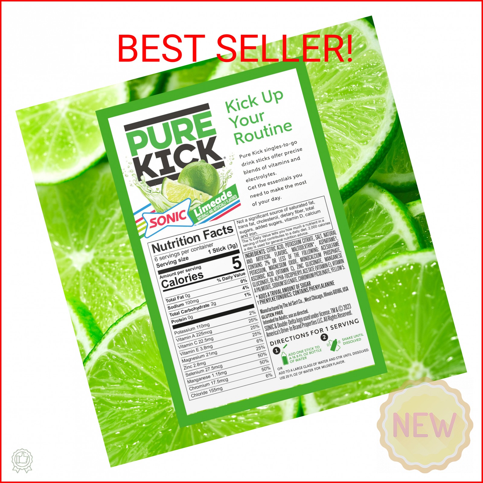 PURE KICK Hydration Singles to Go Drink Mix, Sonic Limeade, Includes 12 Boxes wi