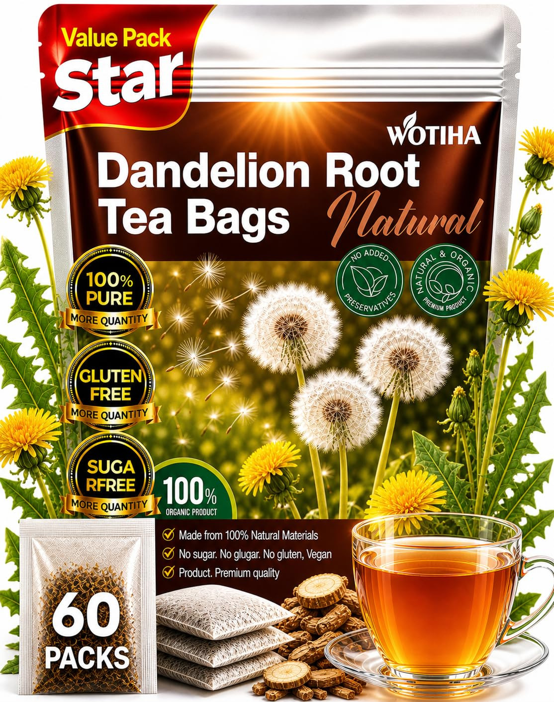 WOTIHA 60 Count Premium Dandelion Root Tea Bags – 100% Natural Roasted, Supports