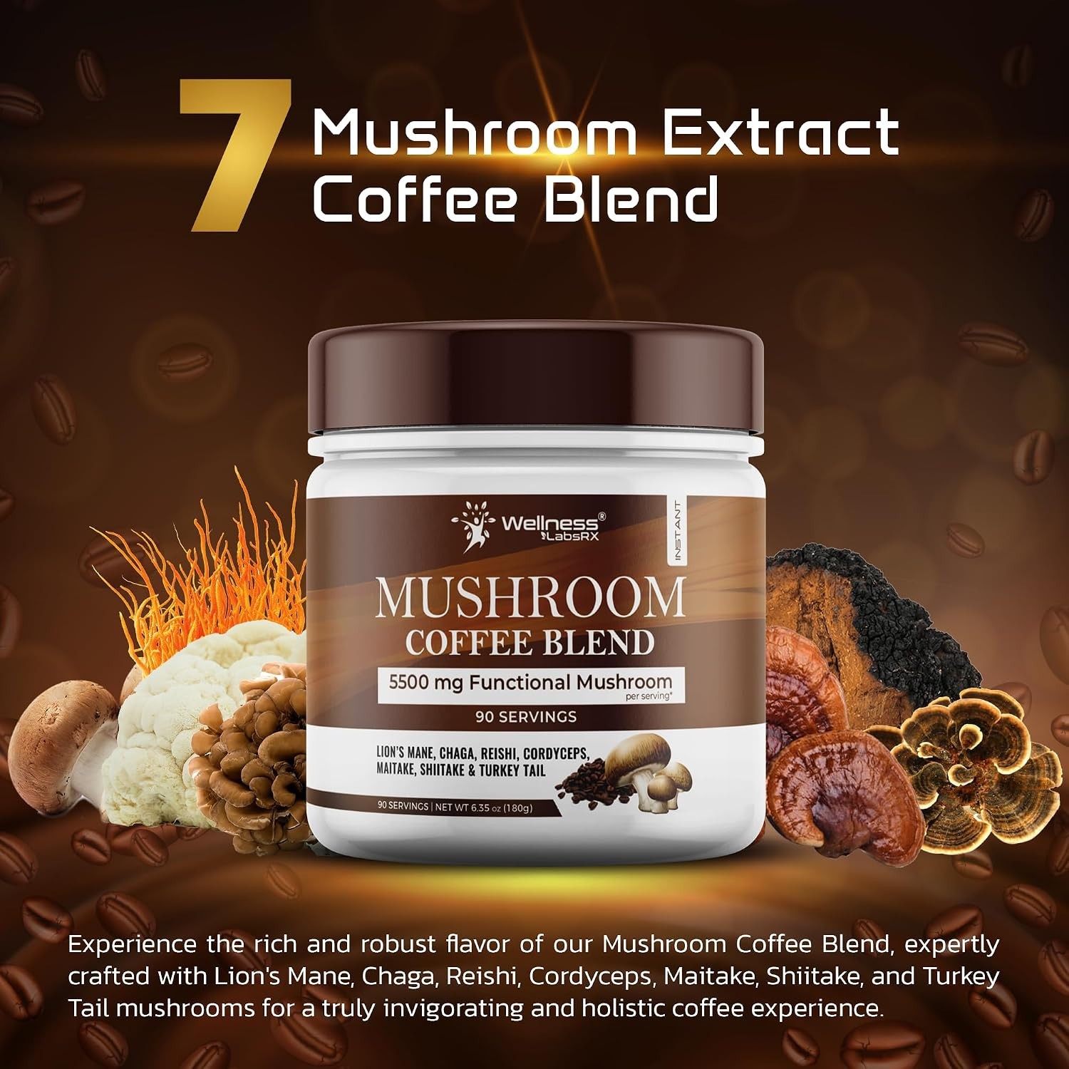 Mushroom Coffee, 90 Servings Organic Mushrooms Instant Coffee