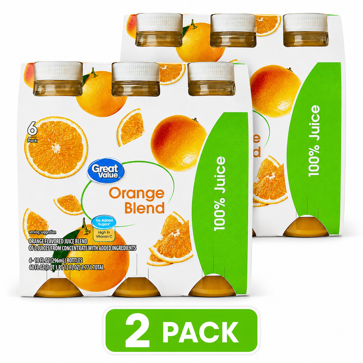 2x Great Value 100% Juice Orange Blend, 10 fl oz Bottles, 6 Ct, Total 12