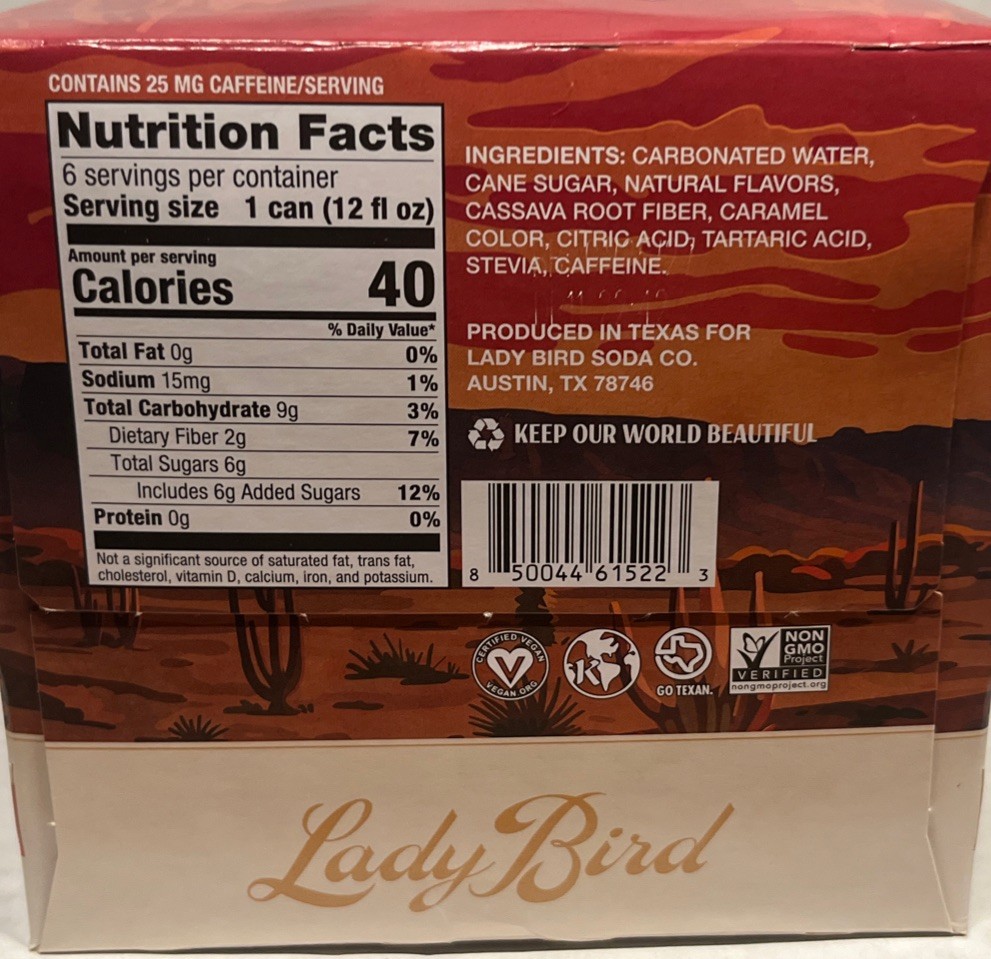 Lady Bird Tejas Cola Bold Texas 6- 12oz 🌵New 1/2027