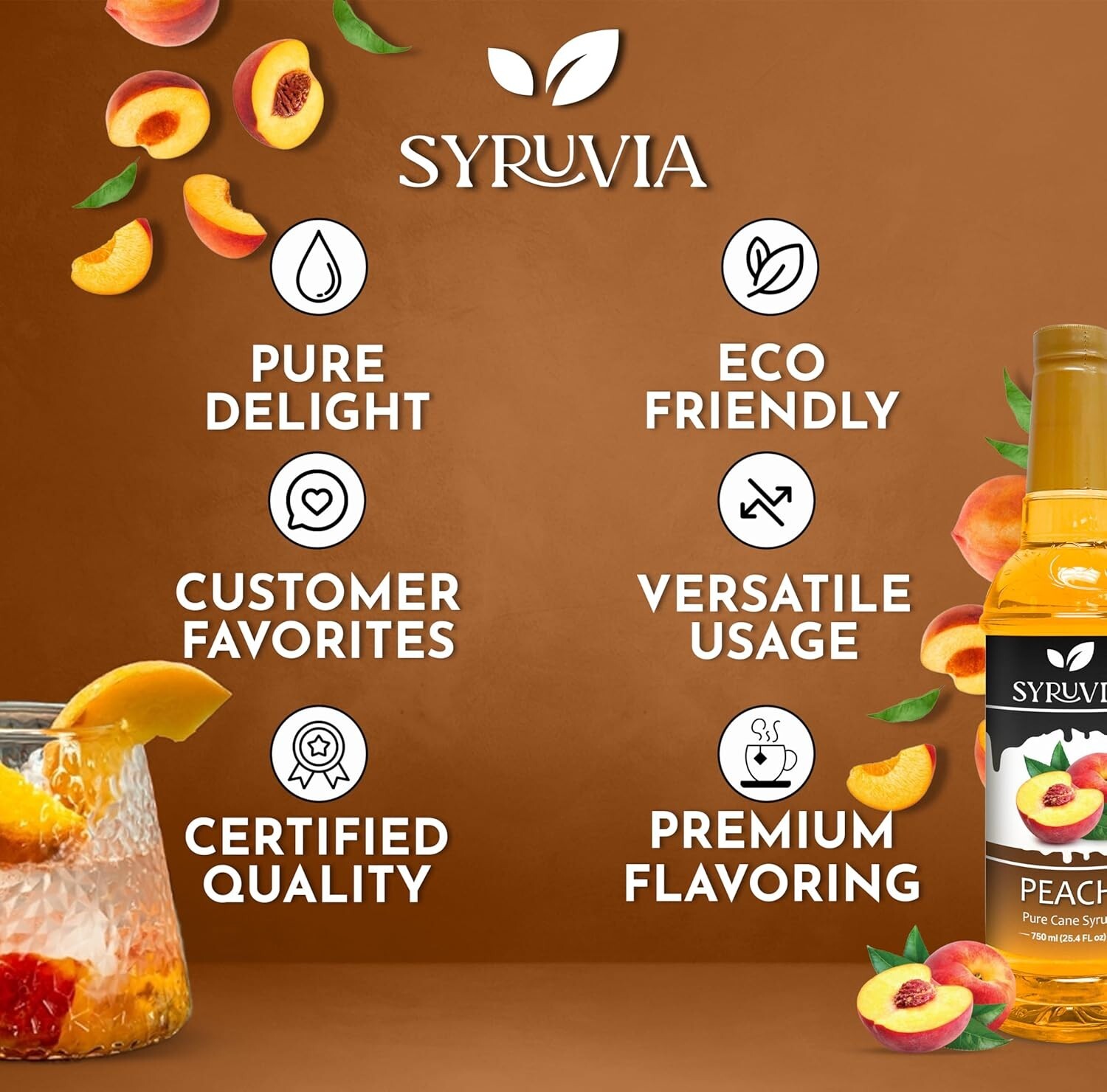 Syruvia Peach Syrup 25.4 fl oz, Kosher, Gluten-Free, Perfect for Drinks